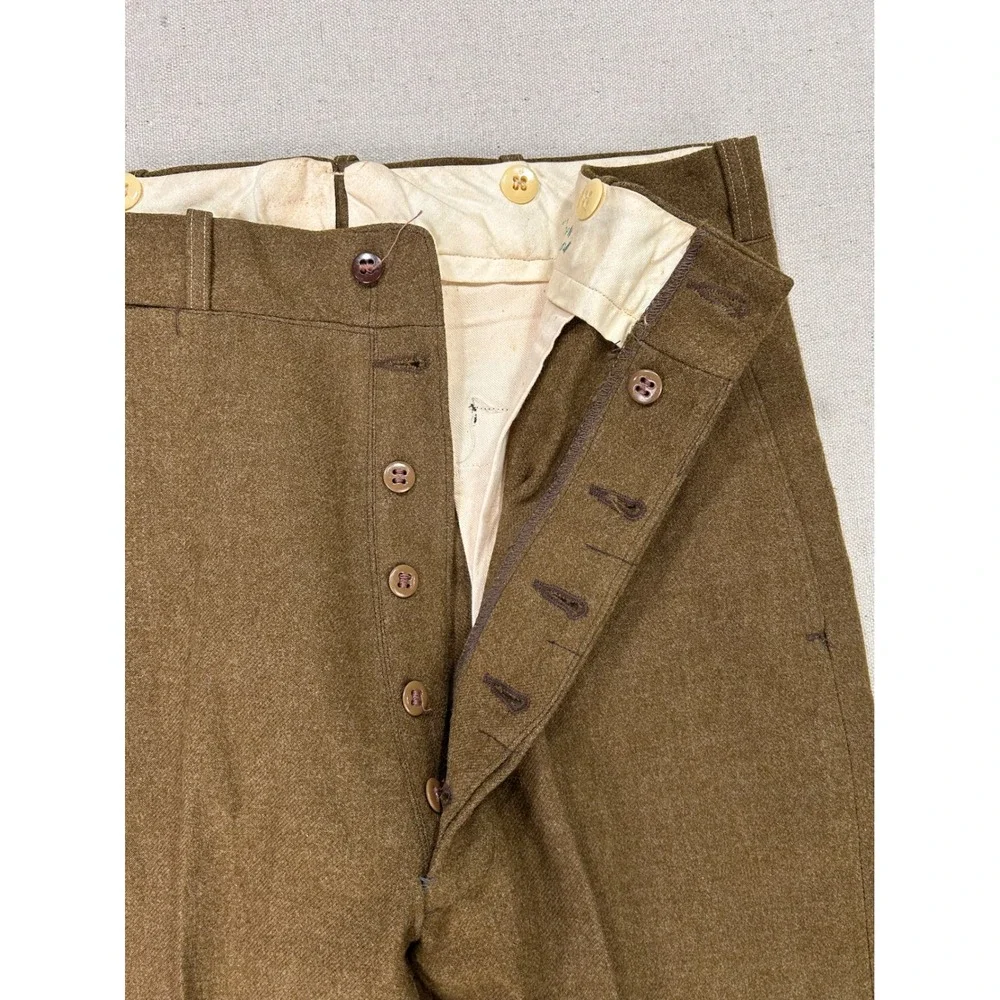 Vintage WW2 US Military Wool Trousers Olive Drab Brown Button Fly Wide Leg